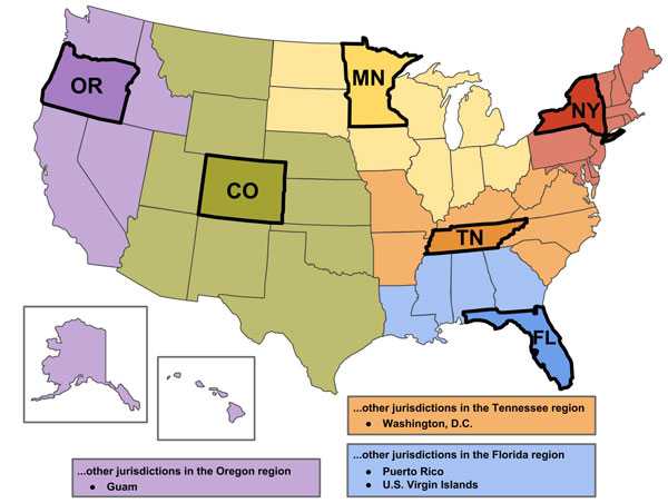 CoE Regional Map with the six regional states: Oregon, Colorado, Minnesota, Tennessee, New York and Florida.