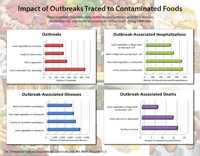 Impact of Outbreaks Traced to Contaminated Foods. Snapshots show how many outbreaks, and outbreak-associated illnesses, hospitalizations, and deaths occurred in the United States during 1998-2008.