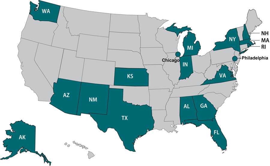 Map of United States highlighting OutbreakNet Enhanced sites: Alabama, Alaska, Arizona, Chicago, Florida, Georgia, Indiana, Kansas, Massachusetts, Michigan, New Hampshire, New Mexico, New York, Philadelphia, Texas, Rhode Island, Virginia, and Washington.