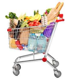 Image of a shopping cart full of food.