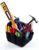 Image of a tool bag with various tools. 
