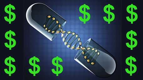 a pill containing DNA and dollar signs around the pill