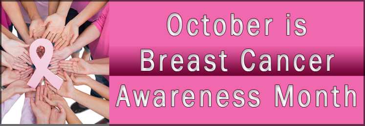 October is Breast Cancer Awareness Month with an image of hands holding a pink ribbon