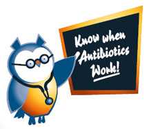Illustration of the WISE owl pointing ot a chalk board that reads know when antibiotics work