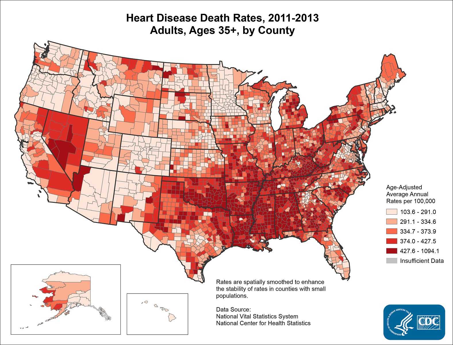 The map shows that concentrations of counties with the highest heart disease death rates - meaning the top quintile - are located primarily in Mississippi, Oklahoma, Louisiana, Arkansas, and Alabama.  Pockets of high-rate counties were also found in Georgia, Kentucky, Tennessee, Missouri, and Nevada.