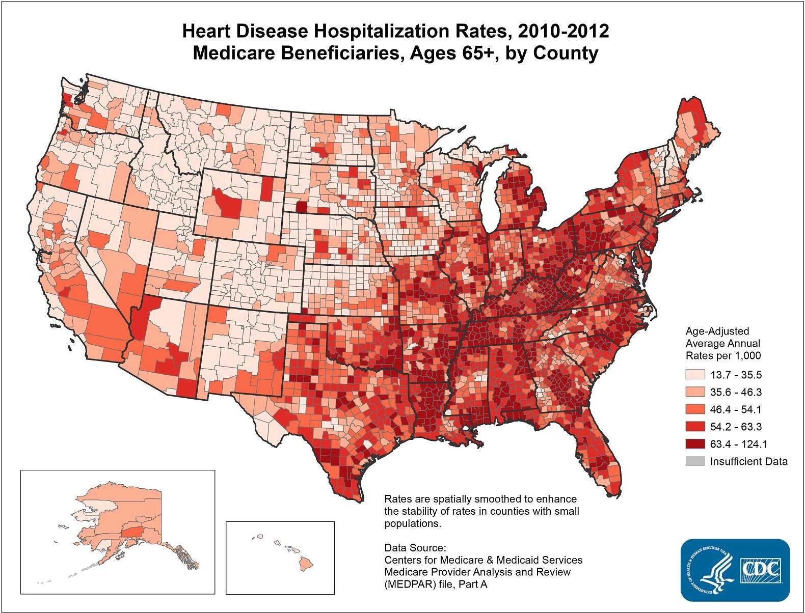 The map shows that concentrations of counties with the highest heart disease hospitalization rates - meaning the top quintile - are located primarily in Louisiana, Kentucky, West Virginia, Pennsylvania, and Tennessee.  Pockets of high-rate counties also were found in Alabama, Georgia, North Carolina, Mississippi, Arkansas, Missouri, Texas, and Michigan.