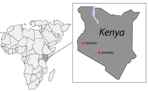 	Map of Africa highlighting Kenya: CDC-Kenya provides programmatic oversight and leadership from office locations in Nairobi and Kisumu.