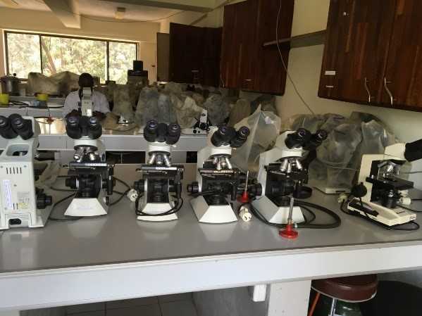 	Some of the 28 student microscopes bought under the project.  Photo courtesy of J.Gafirita/KHI project.