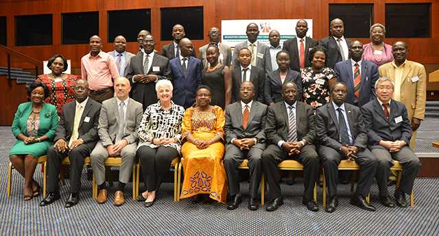 Graduation day (third from left): CDC Country Director Steven Wiersma, Ambassador Deborah Malac, and Uganda’s Health Minister Ruth Aceng with FETP fellows and other officials