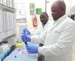 Workers in a Uganda lab
