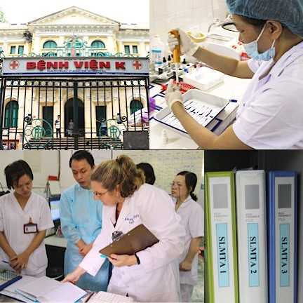 	After 12 months of training and mentoring, Anna Murphy, Technical Consultant from the American Society for Clinical Pathology, conducts the SLMTA exit assessment of the laboratory at the National Cancer Hospital in Hanoi, Vietnam.