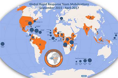 Global Rapid Response Team mobilizaton map showing total time in country from September 2015 to April 2017