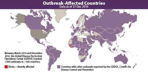 Map of outbreak affected countries, data as of 31 Dec 2016. Between March 2014 and December 2016, the Global Disease Detection Operations Center (GDDOC) tracked more than 300 outbreaks in about 160 countries.. Map shows countries heavily affected by Ebola as well as countries with other outbreaks reported by the GDDOC, Centers for Disease Control and Prevention