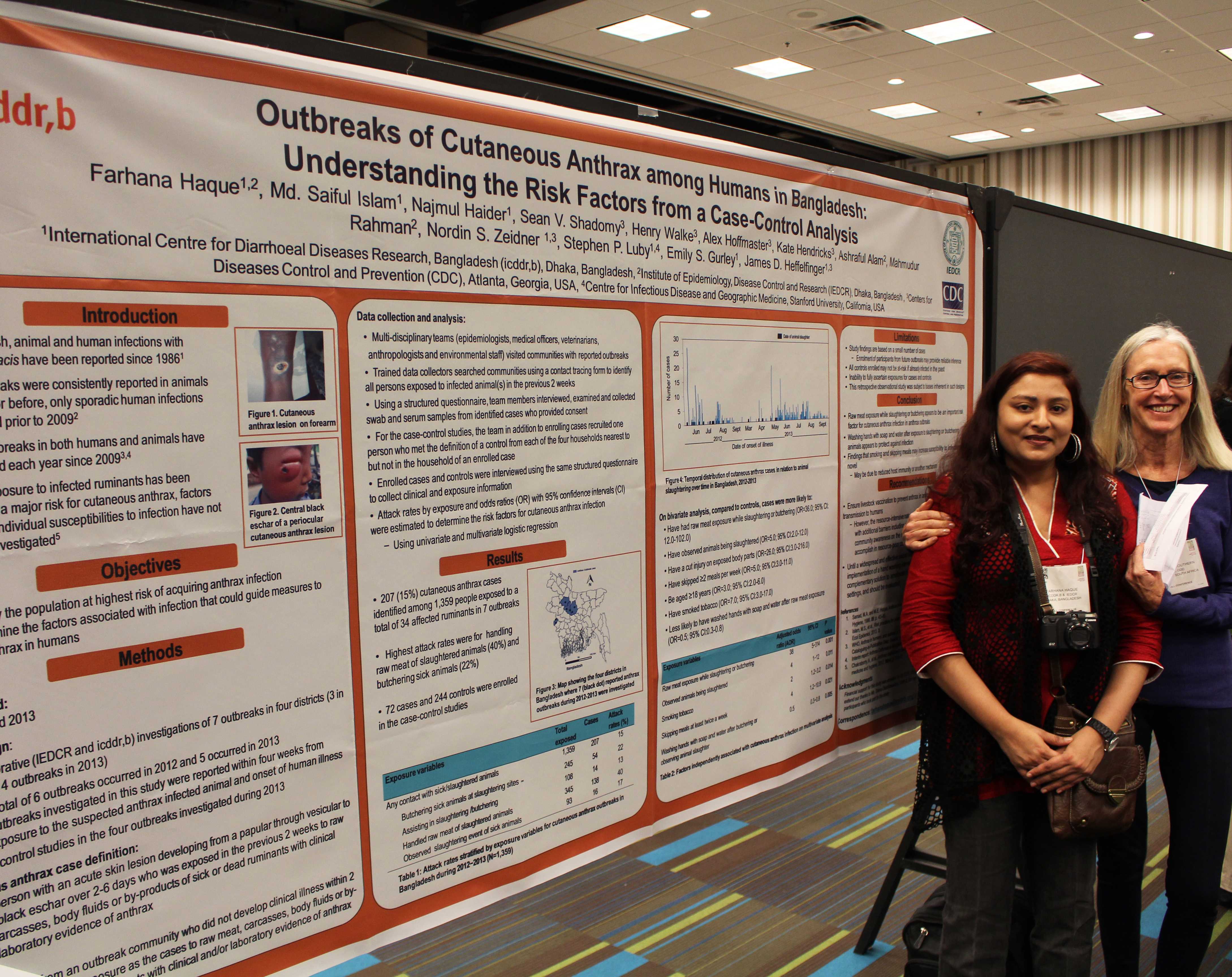 	CDC’s Dorothy Southern with Bangladeshi scientist Farhana Haque at the 2015 International Conference on Emerging Infectious Diseases in Atlanta.