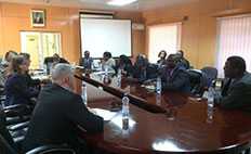 Representatives from CDC, the International Association of National Public Health Institutes, and ZNPHI meet with Zambia’s Disaster Management and Mitigation Unit to discuss plans for Zambia’s PHEOC.