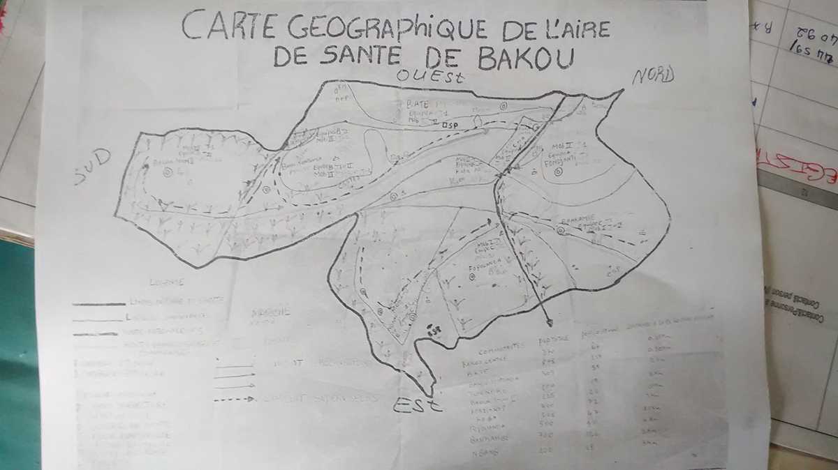 Cameroon: A microplan map of Bakou district in Cameroon. Microplans are used to plan all of the details for immunization campaigns including the locations of villages, schools, health centers, difficult-to-reach areas, target populations, and resources needed. Hand-drawn maps such as the one in this photo are in the process of being replaced with more accurate, digitized microplan maps in Cameroon. 