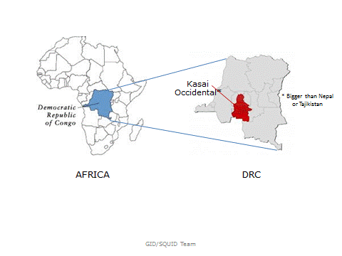 	Map of Democratic Republic of Congo (DRC), highlighting the area where field activities took place, Kasai Occidental Province, which is larger than Nepal or Tajikistan
