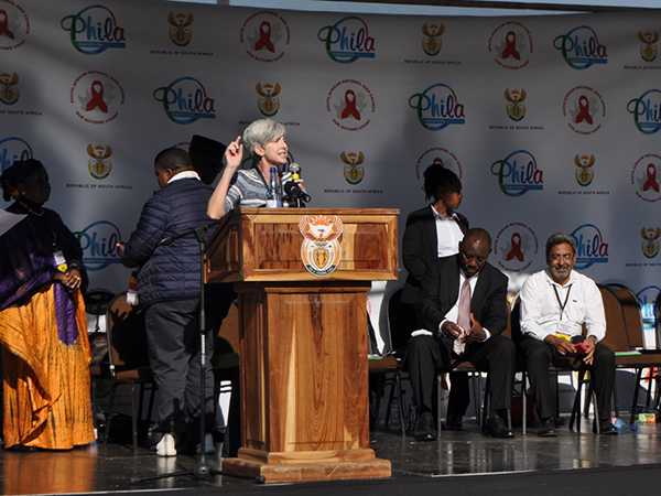 Dr. Nancy Knight addresses the crowds on behalf of the PEPFAR program, at the launch of the South African Young Women and Girls (YWG) Campaign, launched by the South African Deputy President Cyril Ramaphosa on the 24th June 2016, in KwaZulu-Natal.