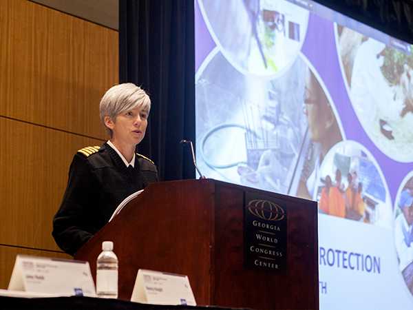 Dr. Nancy Knight at the 2017 Division of Global Health Protection Annual Meeting discussing her vision and strategic priorities to advance global health security. Dr. Knight highlighted successes and challenges in protecting the health of Americans both at home and abroad.