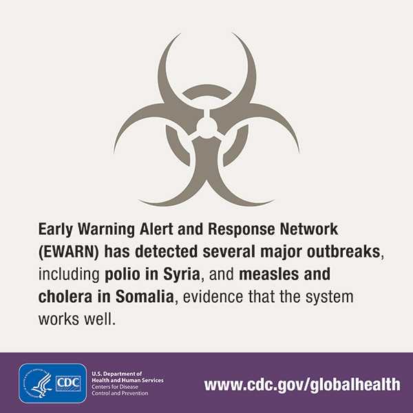 Early warning alert and response network (EWARN) had detected several major outbreaks, including polio in Syria, and measles and cholera in Somalia, evidence that the system works well.