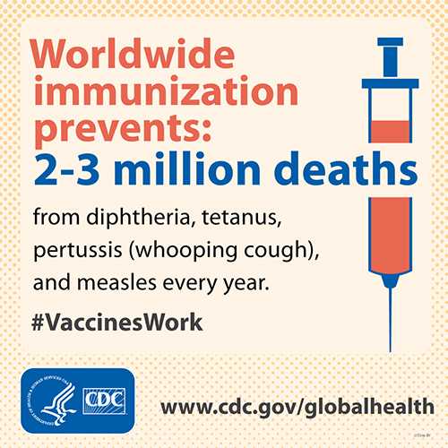 - Immunization prevents 2-3 million deaths from diphtheria, tetanus, pertussis (whooping cough), and measles every year. #VaccinesWork www.cdc.gov/globalhealth