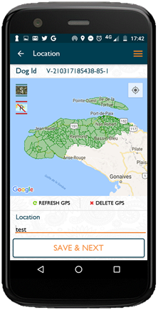 Screen shot of the app on a mobile screen showing a map of region in Haiti where mass dog vaccination campaign was organized