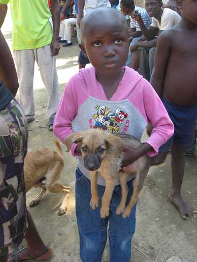 A young child waits in line at a Haitian government-run canine rabies vaccination clinic