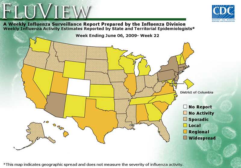 FluView, Week Ending June 6, 2009. Weekly Influenza Surveillance Report Prepared by the Influenza Division. Weekly Influenza Activity Estimate Reported by State and Territorial Epidemiologists. Select this link for more detailed data.