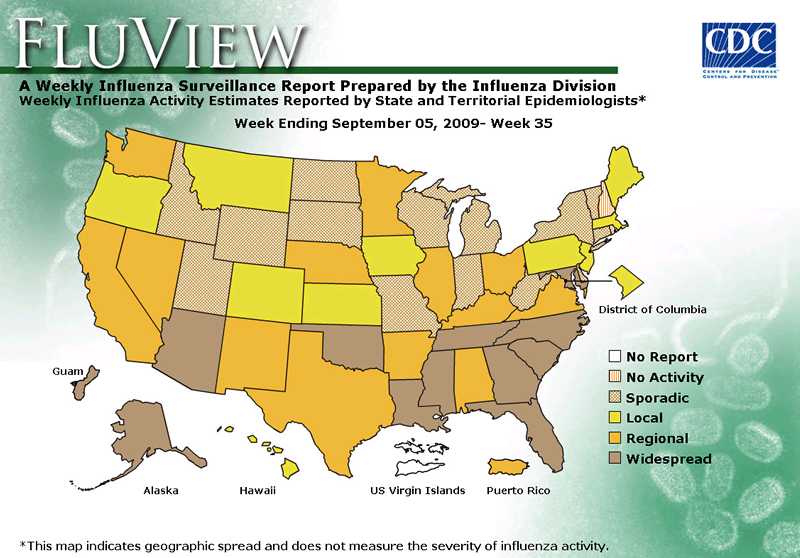 FluView, Week Ending September 5, 2009. Weekly Influenza Surveillance Report Prepared by the Influenza Division. Weekly Influenza Activity Estimate Reported by State and Territorial Epidemiologists. Select this link for more detailed data.