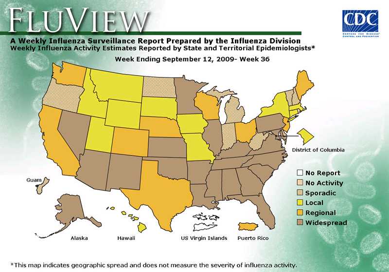 FluView, Week Ending September 12, 2009. Weekly Influenza Surveillance Report Prepared by the Influenza Division. Weekly Influenza Activity Estimate Reported by State and Territorial Epidemiologists. Select this link for more detailed data.