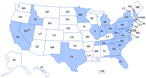 Imagen del mapa de los establecimientos que recibieron  los tres lotes* de acetato de metilprednisolona del New England Compounding Center que fueron retirados del mercado el 26 de septiembre del 2012.