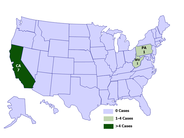 September 13, 2012: A map of the United States depicting case counts of hantavirus infection in people who recently visited Yosemite National Park, by state of residence
