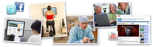 Images of people viewing computer monitor, exercising, medical professional, older men viewing computer.