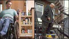 Collage: A man in wheelchair. A man walking with a cane.