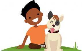 Illustration of boy petting a dog.