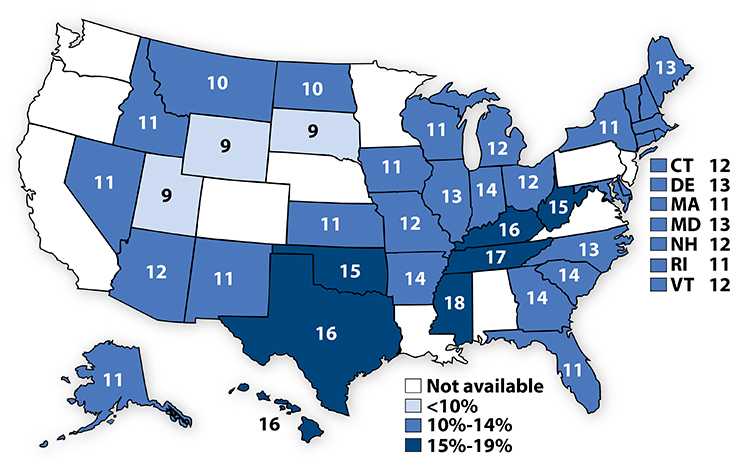 Percentage of high school students who had obesity,*2007 map image