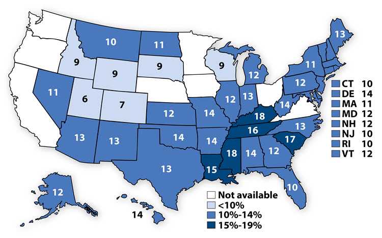 Percentage of high school students who had obesity,*2009 map image