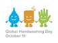 Global Handwashing Day logo - a cartoon logo water droplet, a bar of soap, and a hand holding hands