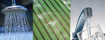 Shower head sprays water, fields under irrigation, water from tap