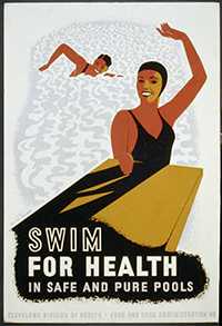 vintage public health poster about swimming in healthy and clean pools