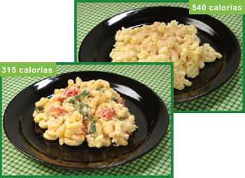 fotos de dos versiones de macarrones con queso, una con 540 calorías y otra con 315 calorías