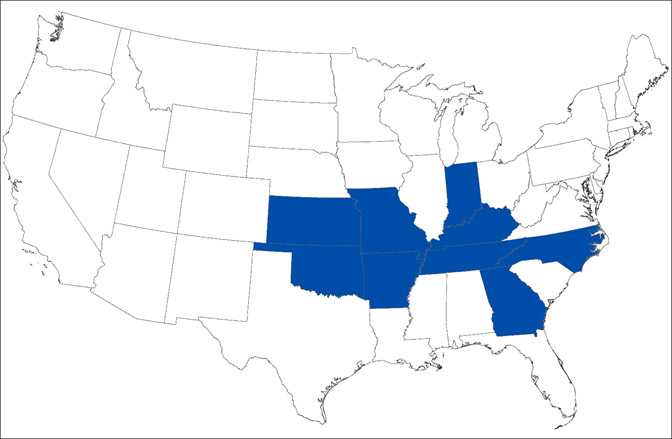 Map of the United States showing Heartland virus diseases cases by state.  Heartland virus is in the following states: Arkansas, Georgia, Indiana, Kansas, Kentucky, Missouri, North Carolina, Oklahoma, and Tennessee