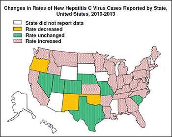 Changes in Rates of New Hepatitis C Virus Cases Reported by State, United States, 2010-2013