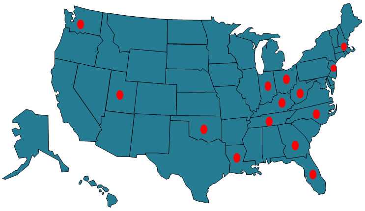 US Map with indication of states with grantees (listed in bullet list)