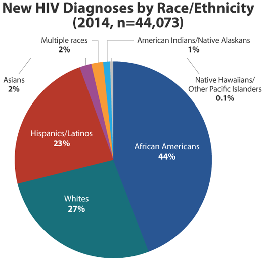 	This pie chart shows new HIV diagnoses in 2014 by race and ethnicity. The total estimated number of new HIV diagnoses in 2014 was 44,073. 44% were African Americans; 27% were whites; 23% were Hispanics/Latinos; 2% were Asians; 2% were multiple races; 1% were American Indians or Native Alaskans; 0.1% were Native Hawaiians or other Pacific Islanders.