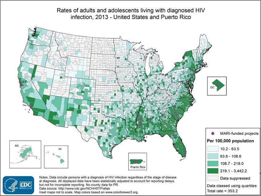 Map: Rates of adults and adolescents living with diagnosed HIV infection, 2013 - United States and Puerto Rico