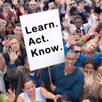 Image of group of people with Learn. Act. Know. placard
