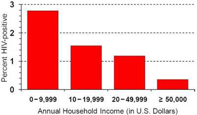 Bar chart: The x-axis reflects Annual Household Income (in U.S. Dollars) and the y-axis reflects Percent HIV-positive.  The first bar starts at zero  $0-9,999 ends at 2.7%, the second bar $10-19,999 ends at 2.5%, the third bar $20-49-999 ends at 1.2% and the last bar $ greater than $50,000 ends at .4%.