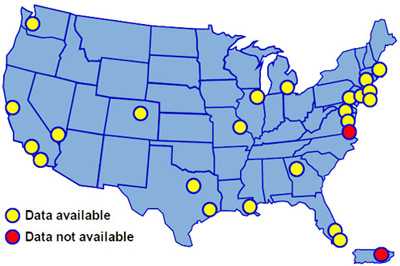 Map of America showing the cities where the National HIV Behavioral Surveillance System for Heterosexuals –Round 1 (NHBS-HET-1) was conducted.