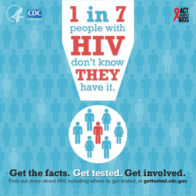 1 in 7 people with HIV don’t know they have it. Get the facts. Get tested. Get Involved. Find out more about HIV, including where to get tested, at gettested.cdc.gov 
